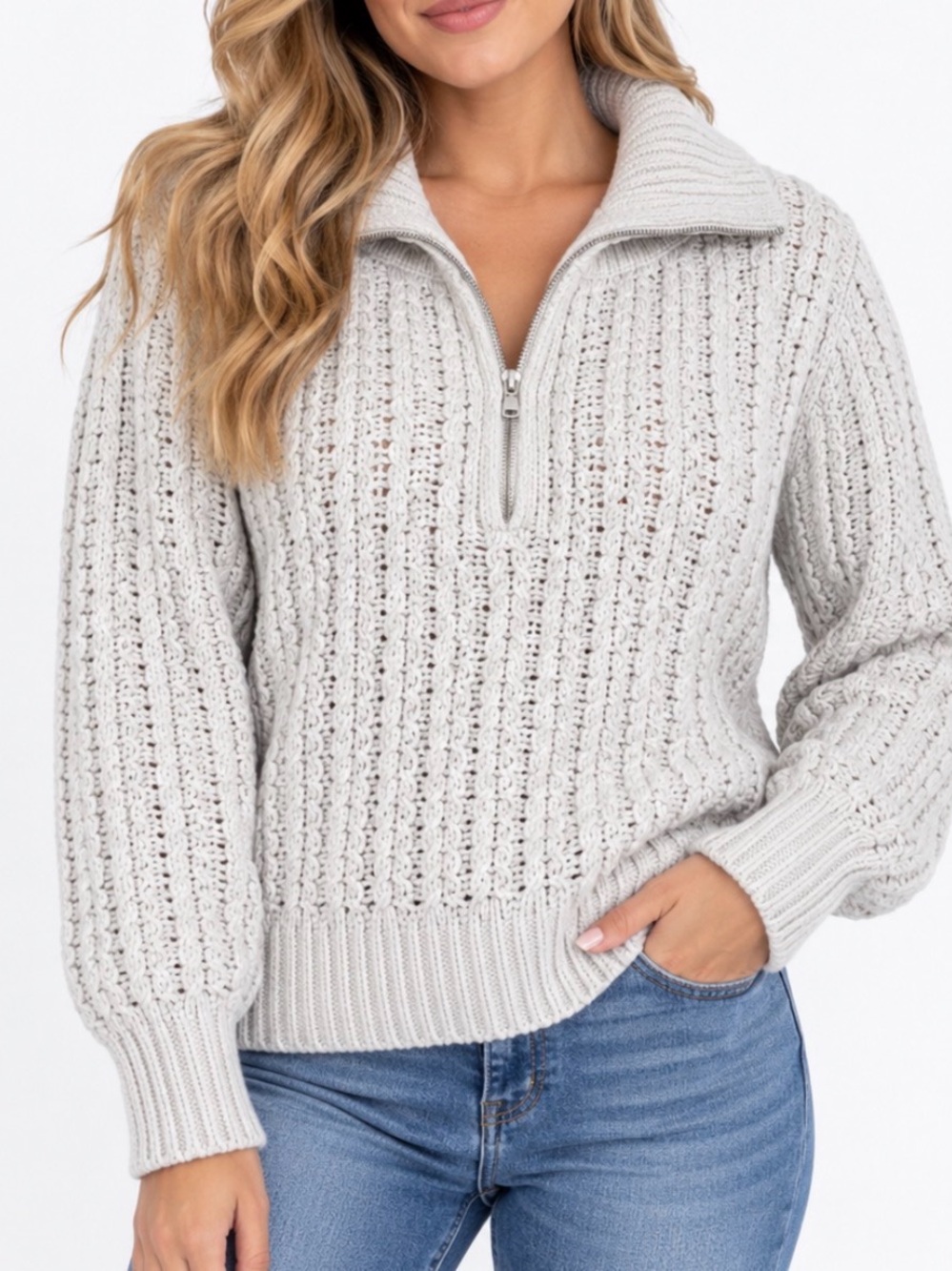 Aerie Cream Half-Zip Cable Knit Sweater chunky pullover off white SZ M